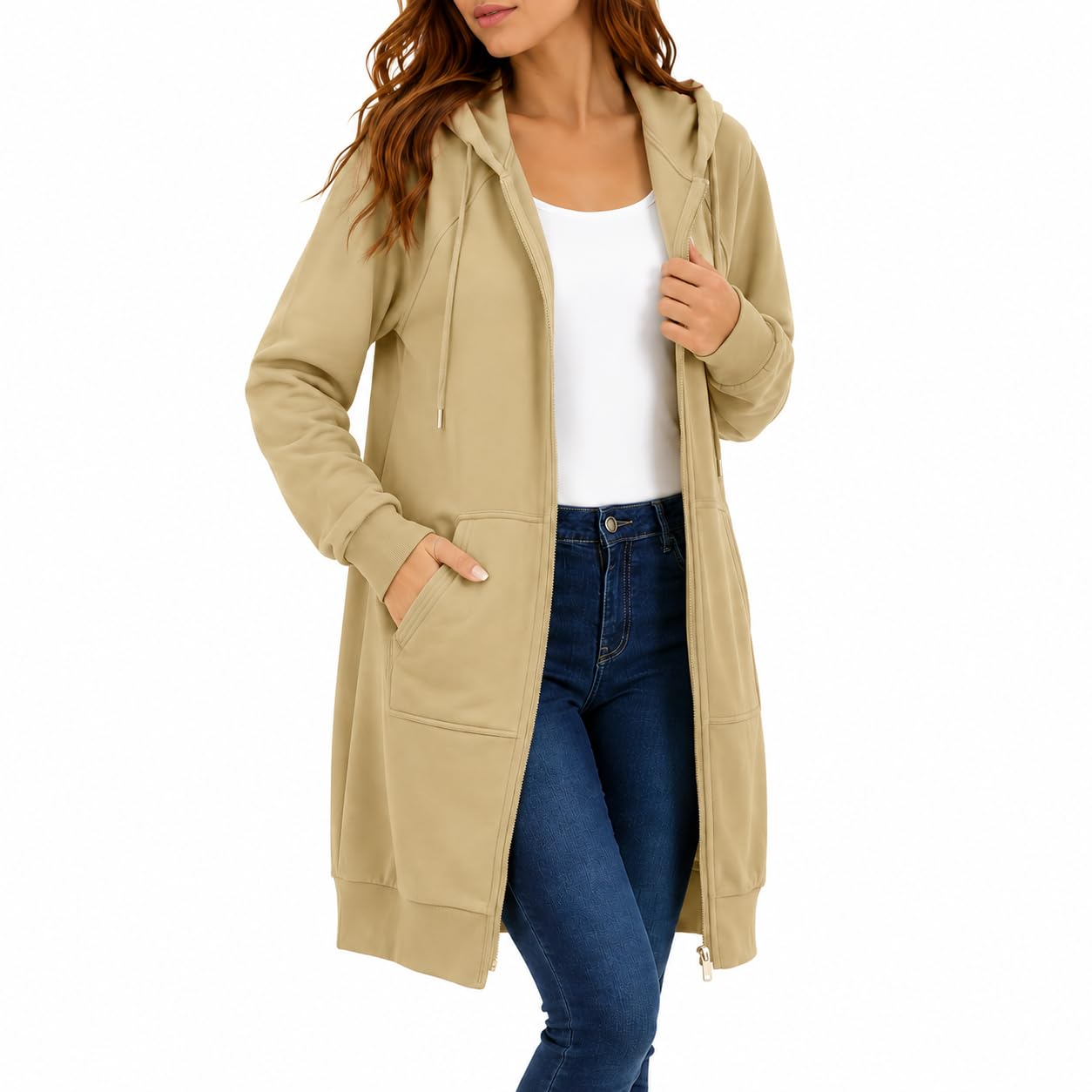 Womens Long Zip Up Hoodie Jacket Casual Open Front Tunic Sweatshirt with Pockets Fleece Lightweight Fall Winter Coat