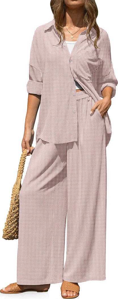 TARSE Womens Linen 2 Piece Outfits Casual Lounge Sets | Long Sleeve, Button Down Shirt and Wide Leg Pants, loose fit linen, vacation outfits with Pockets