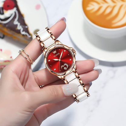 OLEVS Automatic Watches for Women Rose Gold Fashion Diamond Dress Ladies Wrist Watch Self Winding Mechanical Two Tone Ceramic Band Waterproof