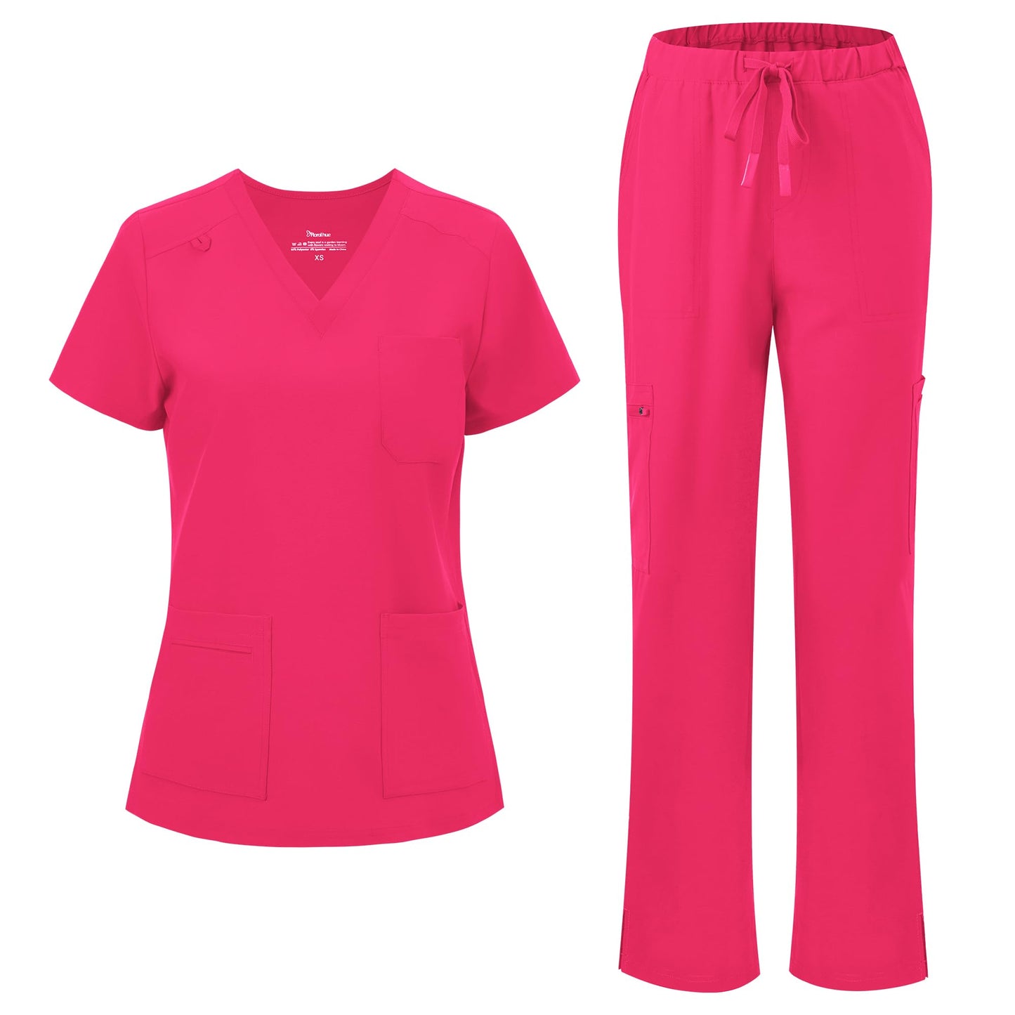 floralhue Scrubs for Women, V-Neck Straight Leg Pants with 12 Pockets | Slit Hem Cargo Pant Storage, Yoga Waistband, Water Resistance, For Nurses, Clinics, Long Shifts, Daily Medical Uniforms