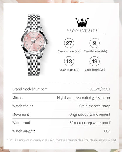 OLEVS Watches Women with Date Silver Stainless Steel Luxury Ladies Watches with Small Writs Diamond Watches for Women Waterproof Elegant Dress Quartz Analog Women's Wrist Watches Reloj de Mujer