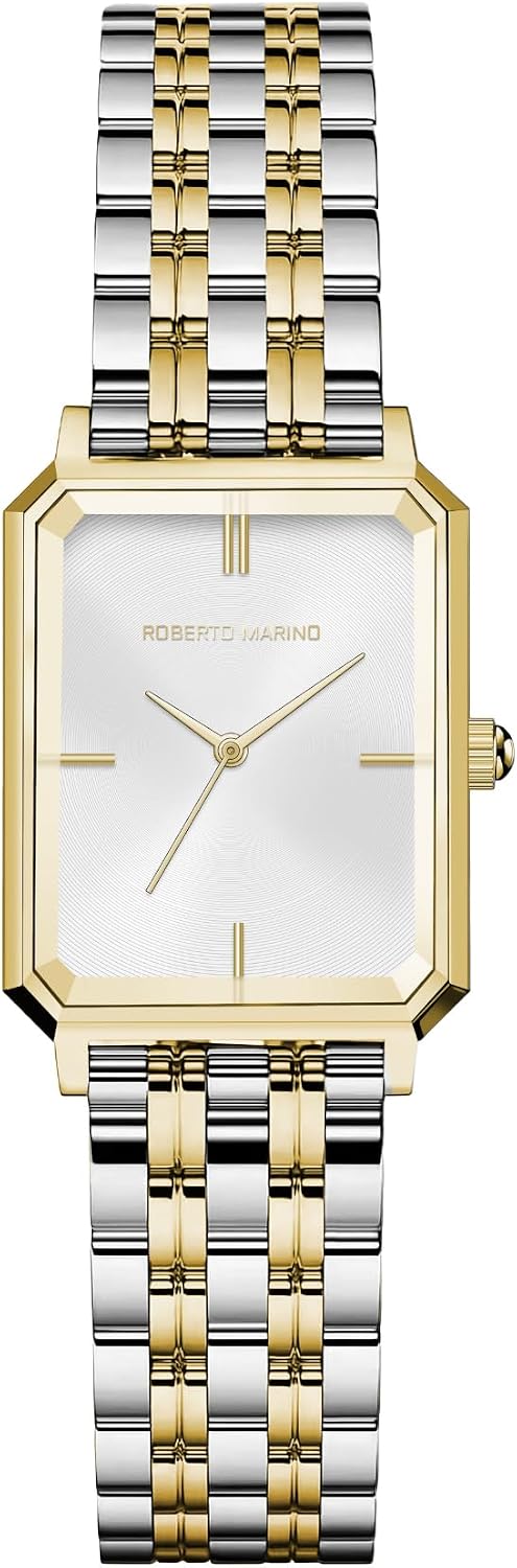Roberto Marino RM1982 Women’s Luxury Watch Rectangular Gold – Japanese Quartz Movement, Vintage Stainless Steel Design, Silver Dial, Elegant Dress Timepiece, 3ATM Water Resistant – Reloj para Mujer