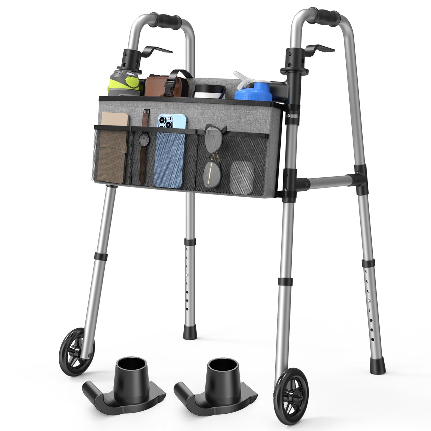 Loyoda Folding Walker with 2 Skis and 5" Wheels, Lightweight Walkers for Seniors and Adults, Supports Up to 350 Pounds, Adjustable Height, Compact Standard Walker, Black
