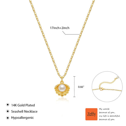 Zeffy Shell Necklace for Women,14K Gold Plated Layered Starfish Conch SeaShell Pearl Pendant Charm Necklace Stack Waterproof Dainty Beach Jewelry for Summer Vacation