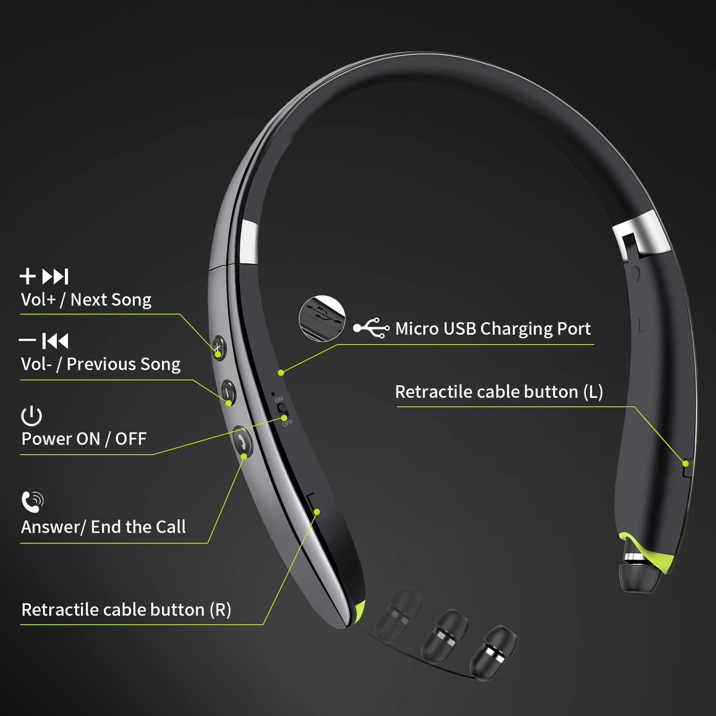 Bluetooth Headset, 2026 Upgraded Neckband Bluetooth Headphones with Retractable Earbuds, Noise Cancelling Stereo Earphones with Mic, Foldable Wireless Headphones for Sports Office w/Carry Case(Black)