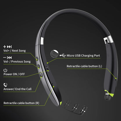 Bluetooth Headset, 2026 Upgraded Neckband Bluetooth Headphones with Retractable Earbuds, Noise Cancelling Stereo Earphones with Mic, Foldable Wireless Headphones for Sports Office w/Carry Case(Black)