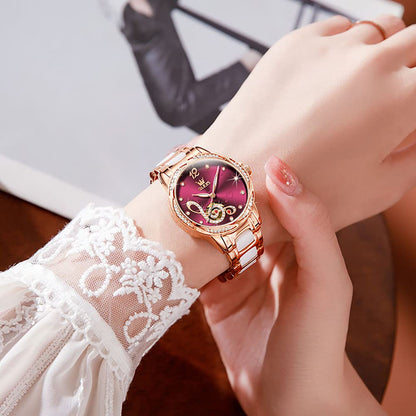 OLEVS Automatic Watches for Women Rose Gold Fashion Diamond Dress Ladies Wrist Watch Self Winding Mechanical Two Tone Ceramic Band Waterproof