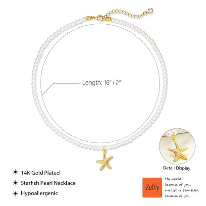 Zeffy Shell Necklace for Women,14K Gold Plated Layered Starfish Conch SeaShell Pearl Pendant Charm Necklace Stack Waterproof Dainty Beach Jewelry for Summer Vacation
