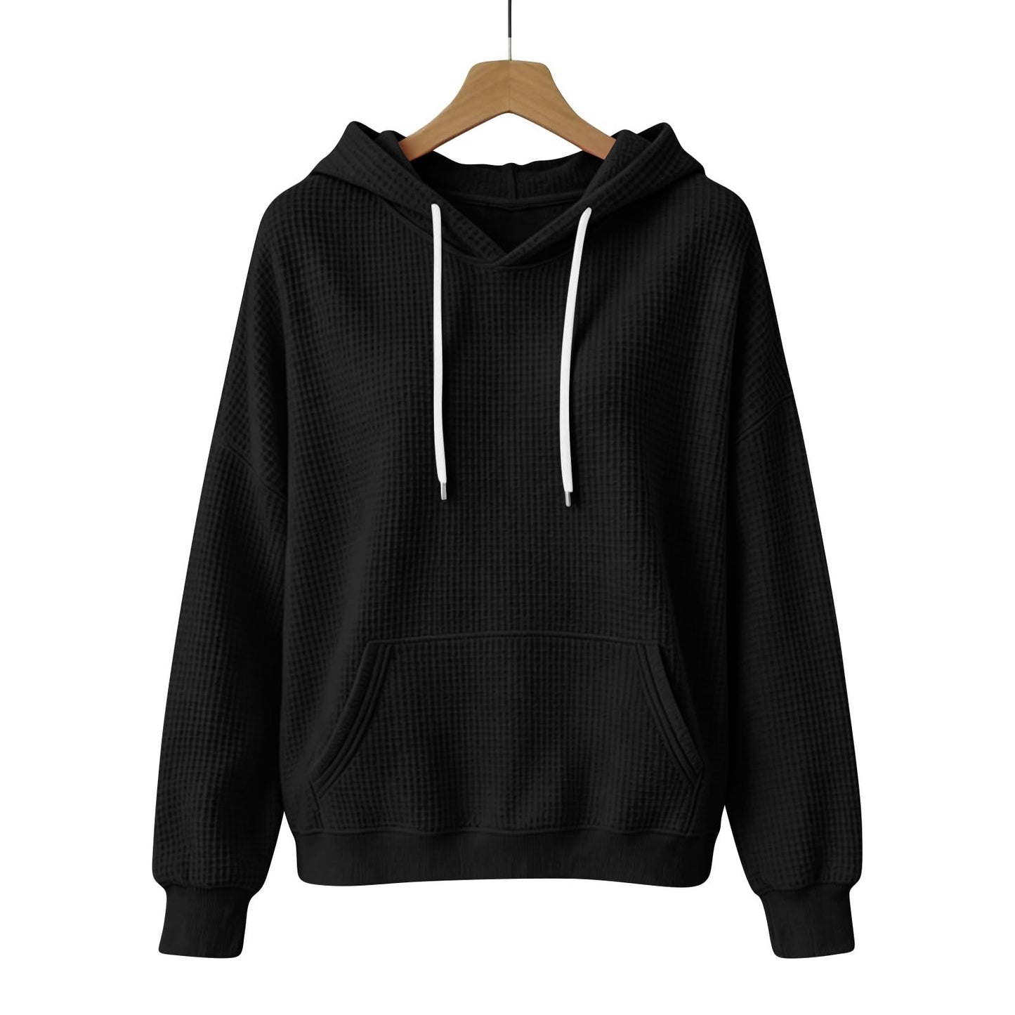 Women Casual Waffle Grid Textured Pullover Hoodie Contrast Drawstring Pocket Loose Long Sleeve Sweatshirts