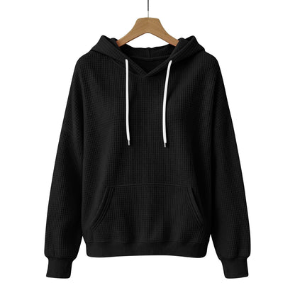 Women Casual Waffle Grid Textured Pullover Hoodie Contrast Drawstring Pocket Loose Long Sleeve Sweatshirts