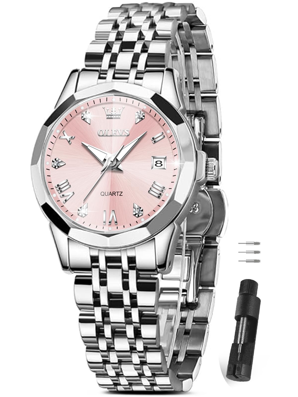 OLEVS Watches Women with Date Silver Stainless Steel Luxury Ladies Watches with Small Writs Diamond Watches for Women Waterproof Elegant Dress Quartz Analog Women's Wrist Watches Reloj de Mujer