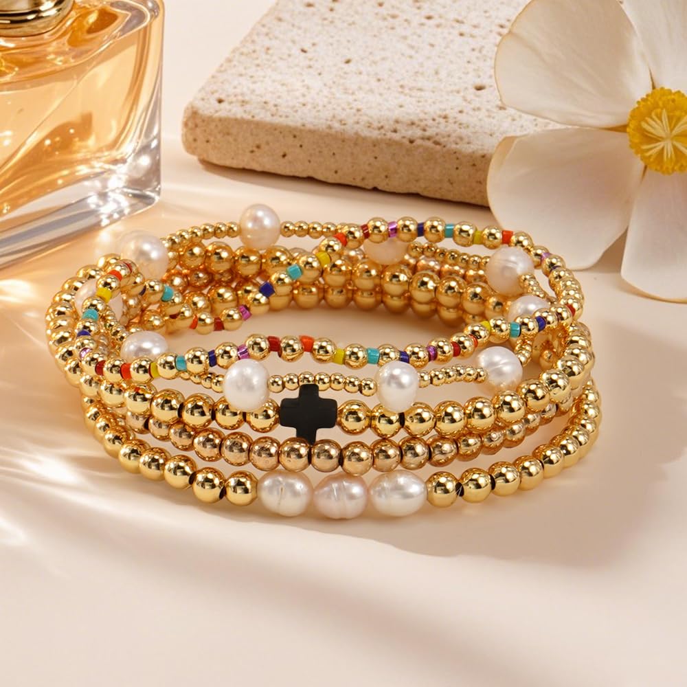 14K Gold Plated Pearl Beaded Cross Bracelets Stack Set for Women,Stretch Boho Colorful Christian Beads Ball Jewelry Friendship Summer Trendy Gift