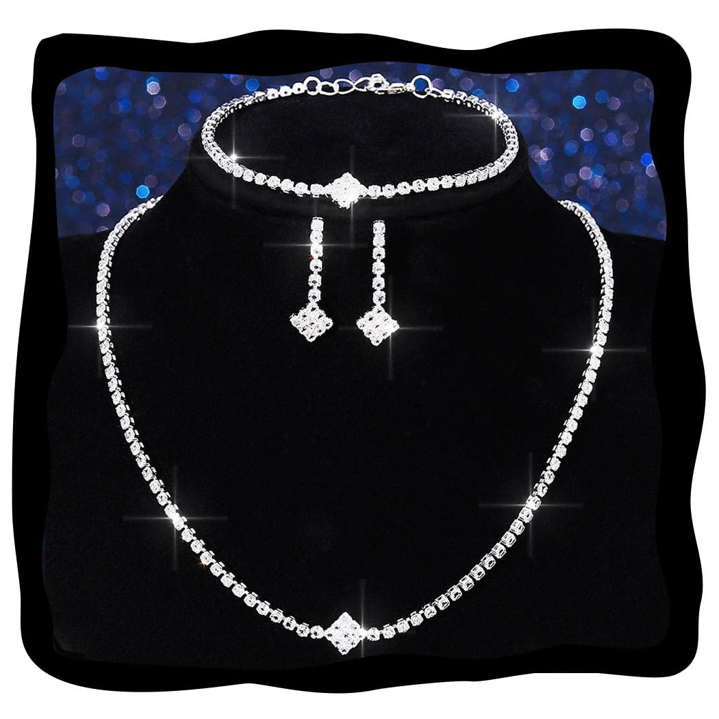 Aukmla Rhinestones Bridal Wedding Jewelry Sets Sparkly Necklace Earrings Bracelet Set Prom Formal Jewelry for Brides and Women