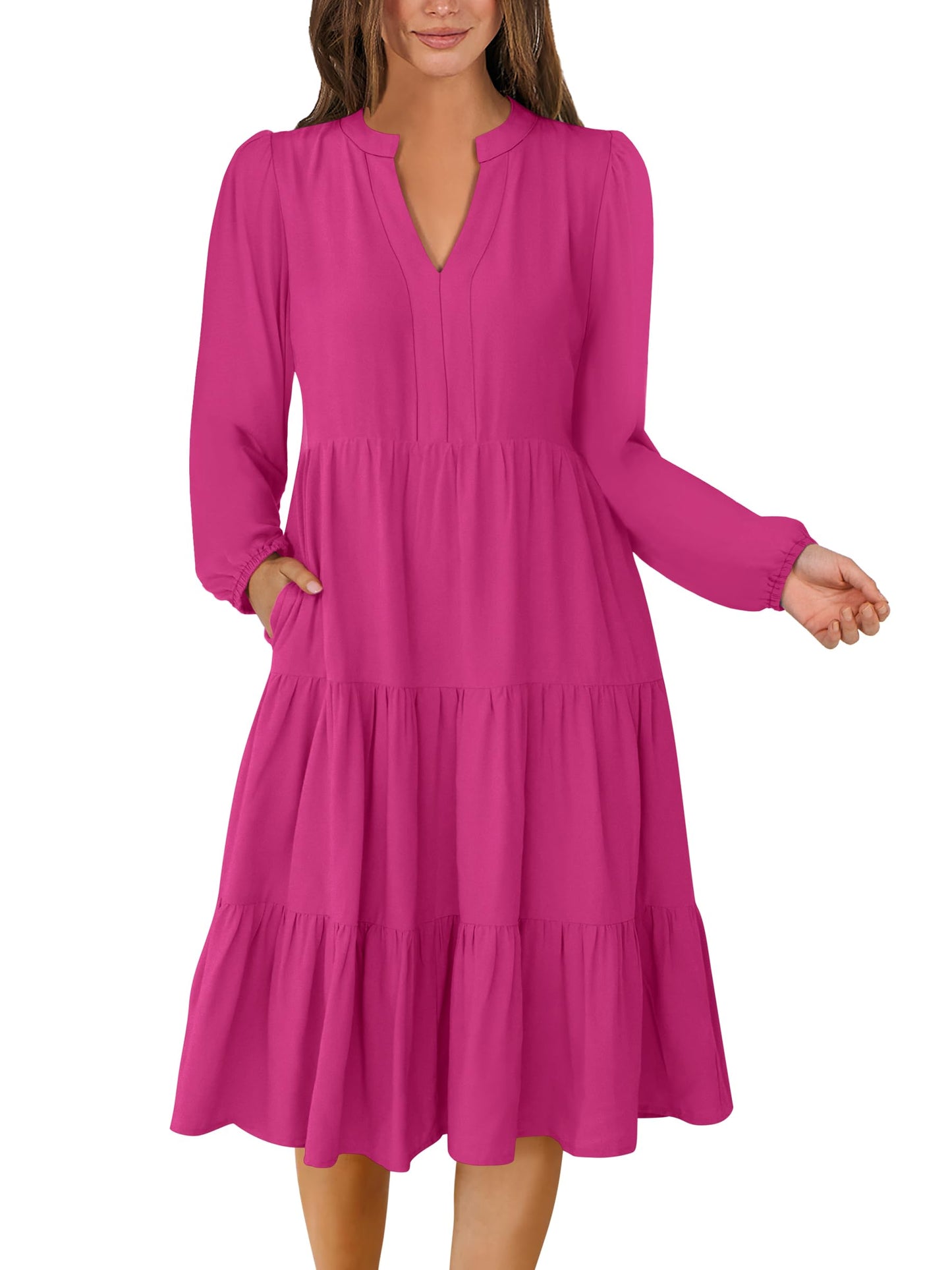 ANRABESS Womens V Neck Long Sleeve Midi Dress | Swing Flowy Tiered with Pockets, Soft Fabric, Boho Beach Vacation Dresses, Loose Fit Casual, Fall Winter Transition Clothes