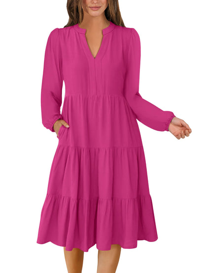 ANRABESS Womens V Neck Long Sleeve Midi Dress | Swing Flowy Tiered with Pockets, Soft Fabric, Boho Beach Vacation Dresses, Loose Fit Casual, Fall Winter Transition Clothes