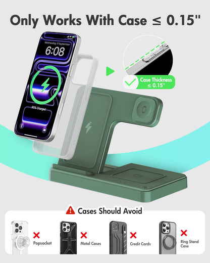 GETPALS Wireless Charger iPhone Charging Station for Apple Multiple Devices | 3 in 1 Charger Stand for iPhone 17 Pro Max 17e 16 16e 15 14 13 12 & Watch Series 11-2 SE Ultra & Airpods 4 3 Pro, Black