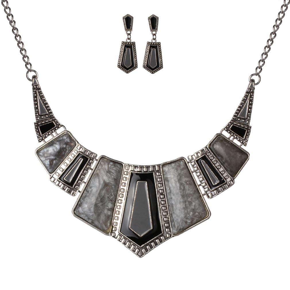 YAZILIND Vintage Ethnic Tibetan Silver Irregular Rhinestone Bib Collar Earrings Necklace Jewelry Set