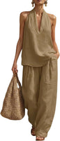 Womens Linen 2 Piece Sets 2026 Sleeveless V-Neck Halter Top Matching Baggy Wide Leg Pants Summer Lounge Set Vacation Outfits