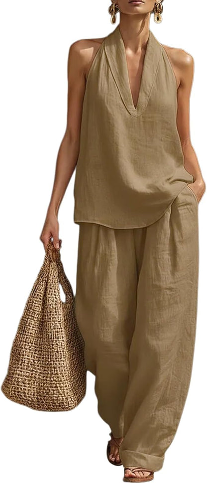 Womens Linen 2 Piece Sets 2026 Sleeveless V-Neck Halter Top Matching Baggy Wide Leg Pants Summer Lounge Set Vacation Outfits