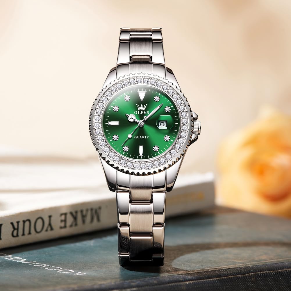 OLEVS Watches Women with Date Silver Stainless Steel Luxury Ladies Watches with Small Writs Diamond Watches for Women Waterproof Elegant Dress Quartz Analog Women's Wrist Watches Reloj de Mujer