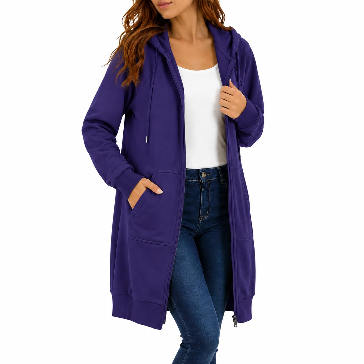 Womens Long Zip Up Hoodie Jacket Casual Open Front Tunic Sweatshirt with Pockets Fleece Lightweight Fall Winter Coat