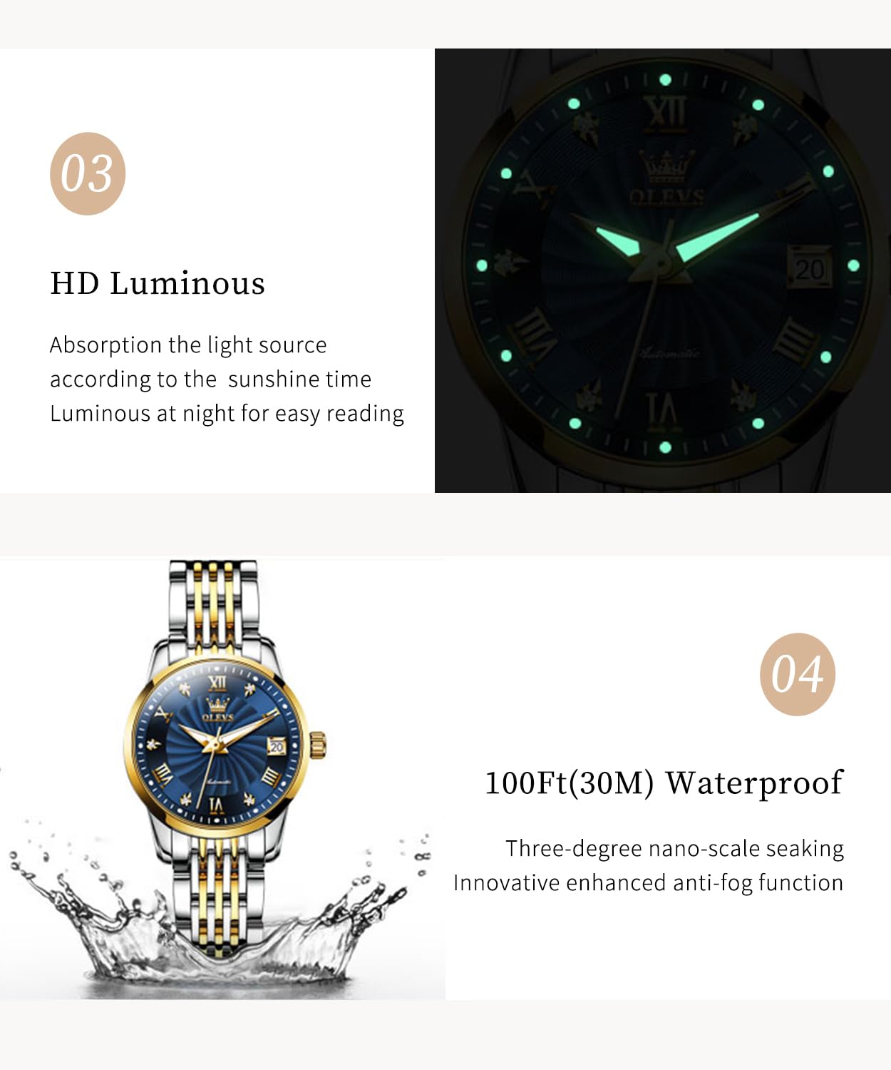 OLEVS Womens Automatic Watches Gold Classic Diamond Ladies Self Winding Mechanical Two Tone Stainless Steel Wrist Watch Date