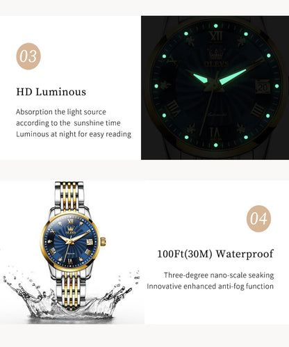 OLEVS Womens Automatic Watches Gold Classic Diamond Ladies Self Winding Mechanical Two Tone Stainless Steel Wrist Watch Date