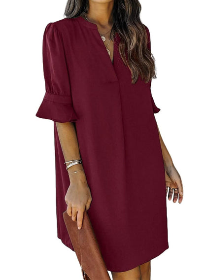QACOHU Womens Summer Casual V Neck Shift Mini Dress | Flowy Swing Basic Loose Dresses, Ruffle Short Sleeve, Straight, Floral Boho Style, Wedding Guest Beach Vacation Outfits