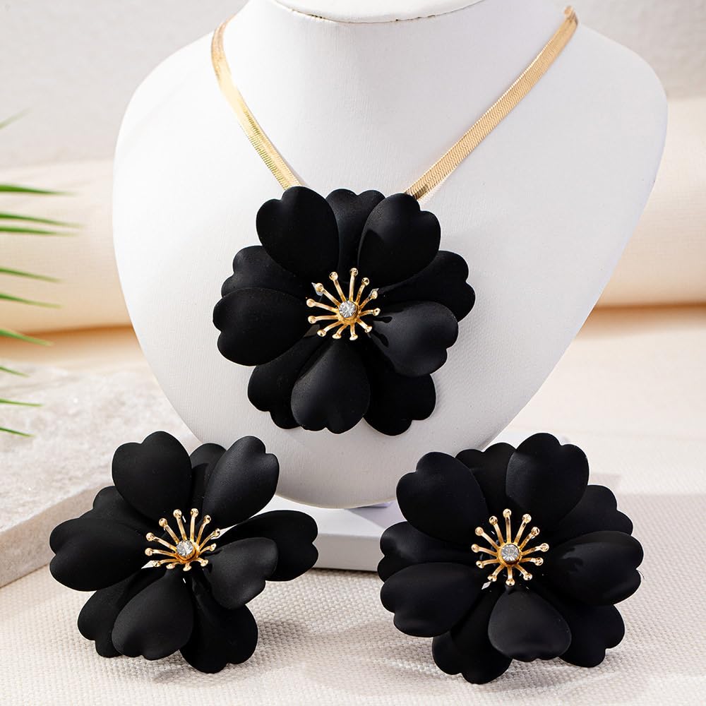 Vintage Flower Necklace Earring Set Gold Snake Chain Necklace Bohemian Red Flowers Choker Necklaces Hypoallergenic Statement Flower Stud Earrings Elegant Bridal Wedding Summer Beach Jewelry