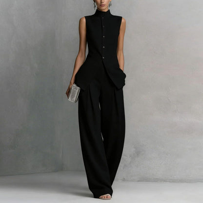 Linen Lounge sets for women, Stand Collar Sleeveless Top and Baggy Wide Leg Pants, Casual Business 2 Piece Set