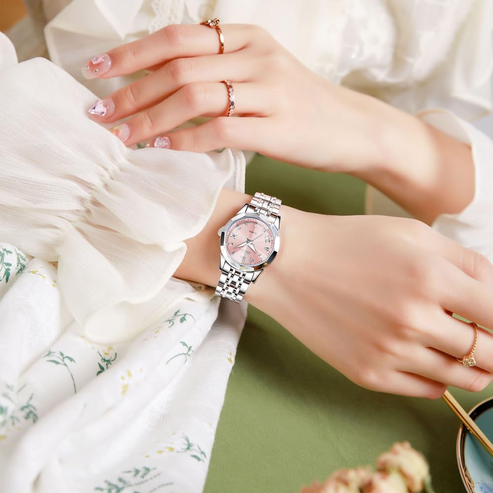 OLEVS Watches Women with Date Silver Stainless Steel Luxury Ladies Watches with Small Writs Diamond Watches for Women Waterproof Elegant Dress Quartz Analog Women's Wrist Watches Reloj de Mujer