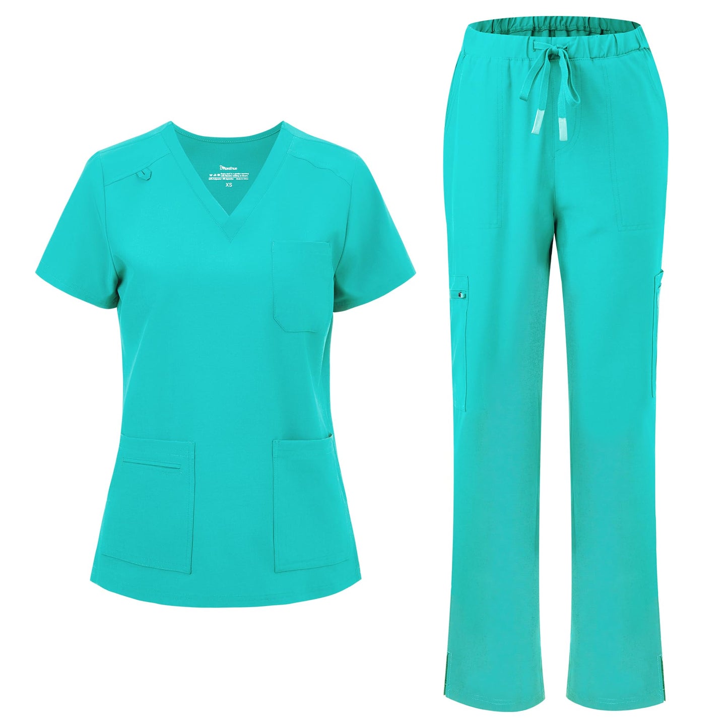 floralhue Scrubs for Women, V-Neck Straight Leg Pants with 12 Pockets | Slit Hem Cargo Pant Storage, Yoga Waistband, Water Resistance, For Nurses, Clinics, Long Shifts, Daily Medical Uniforms