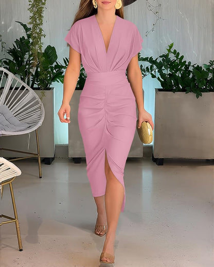 CHICME Summer Dresses for Women Floral Print Plunge V Neck Midi Dress Casual Ruched Slit Bodycon Party Dress