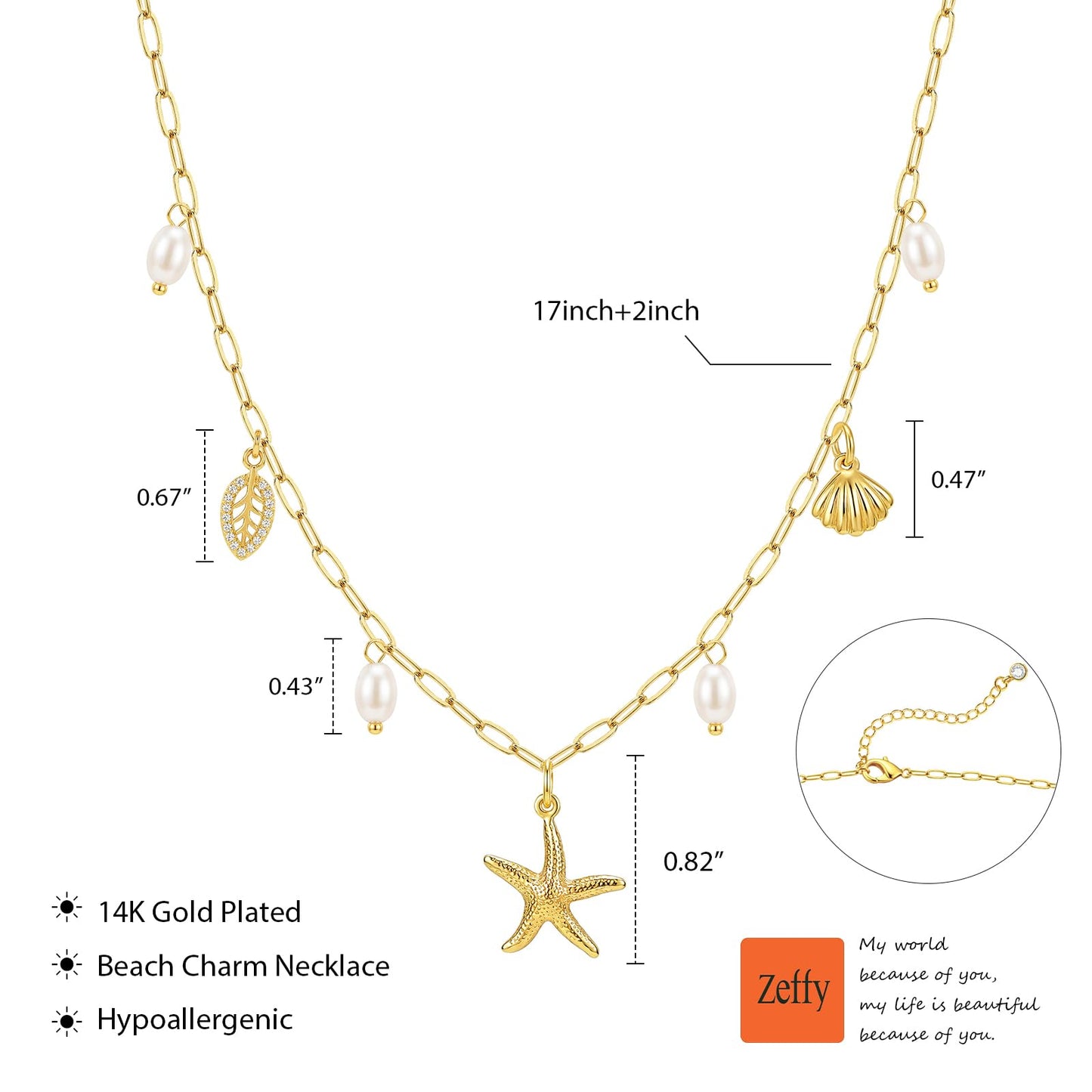 Zeffy Shell Necklace for Women,14K Gold Plated Layered Starfish Conch SeaShell Pearl Pendant Charm Necklace Stack Waterproof Dainty Beach Jewelry for Summer Vacation