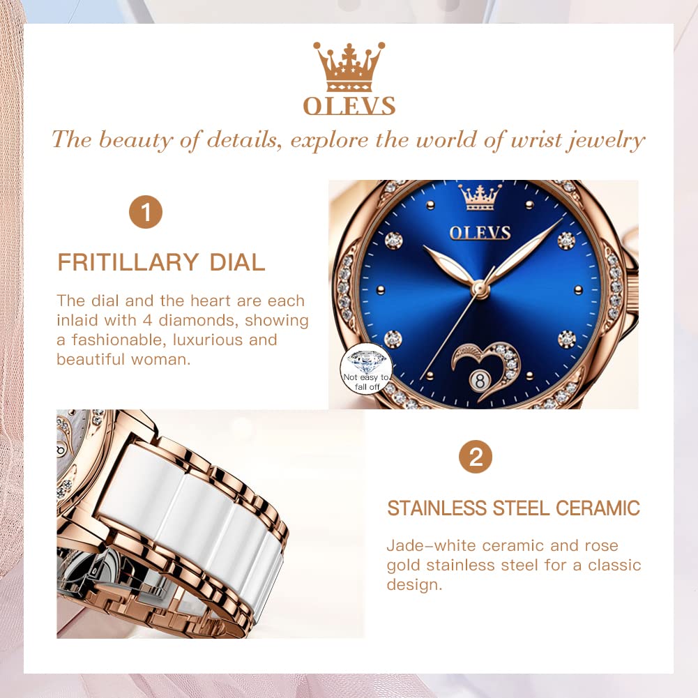 OLEVS Automatic Watches for Women Rose Gold Fashion Diamond Dress Ladies Wrist Watch Self Winding Mechanical Two Tone Ceramic Band Waterproof