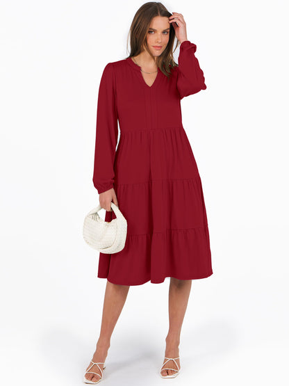 ANRABESS Womens V Neck Long Sleeve Midi Dress | Swing Flowy Tiered with Pockets, Soft Fabric, Boho Beach Vacation Dresses, Loose Fit Casual, Fall Winter Transition Clothes