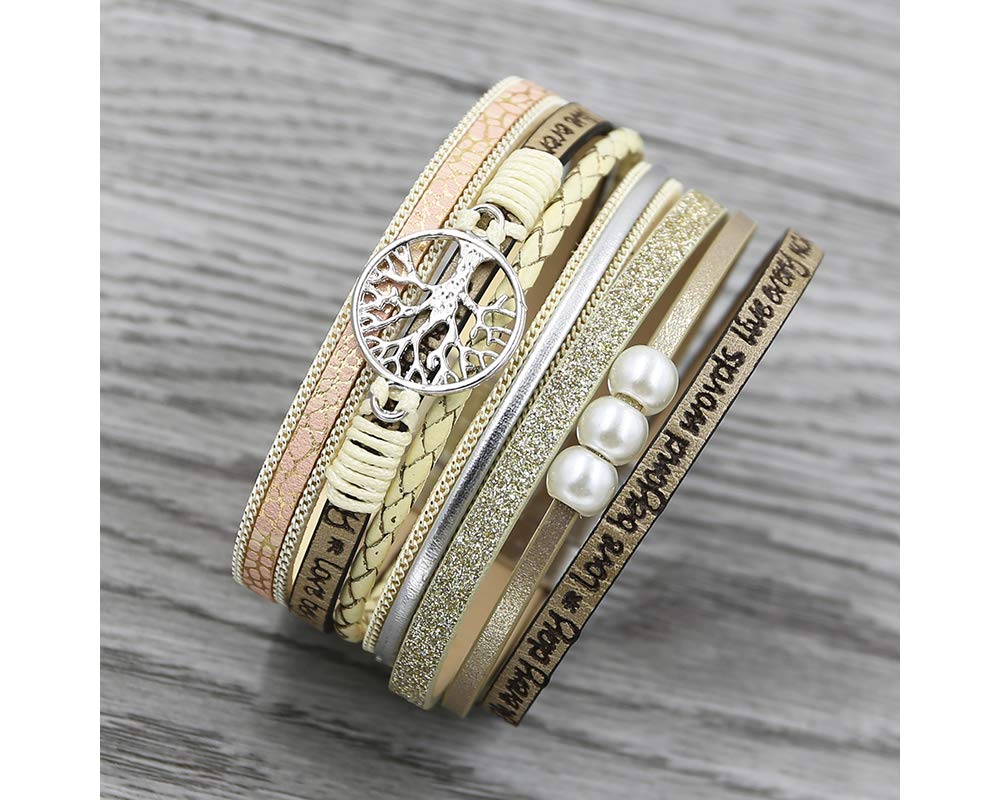 Fesciory Leopard Bracelet for Women, Boho Leather Wrap Multi-Layer Pearl Crystal Bracelet Bangle Jewelry