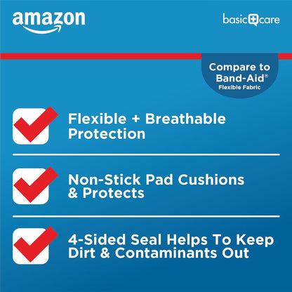 Amazon Basic Care Flexible Fabric Adhesive Bandages, XL (2 in x 4 in), Non-Stick Pad for Cuts & Scrapes, 4-Sided Seal, 10 Count