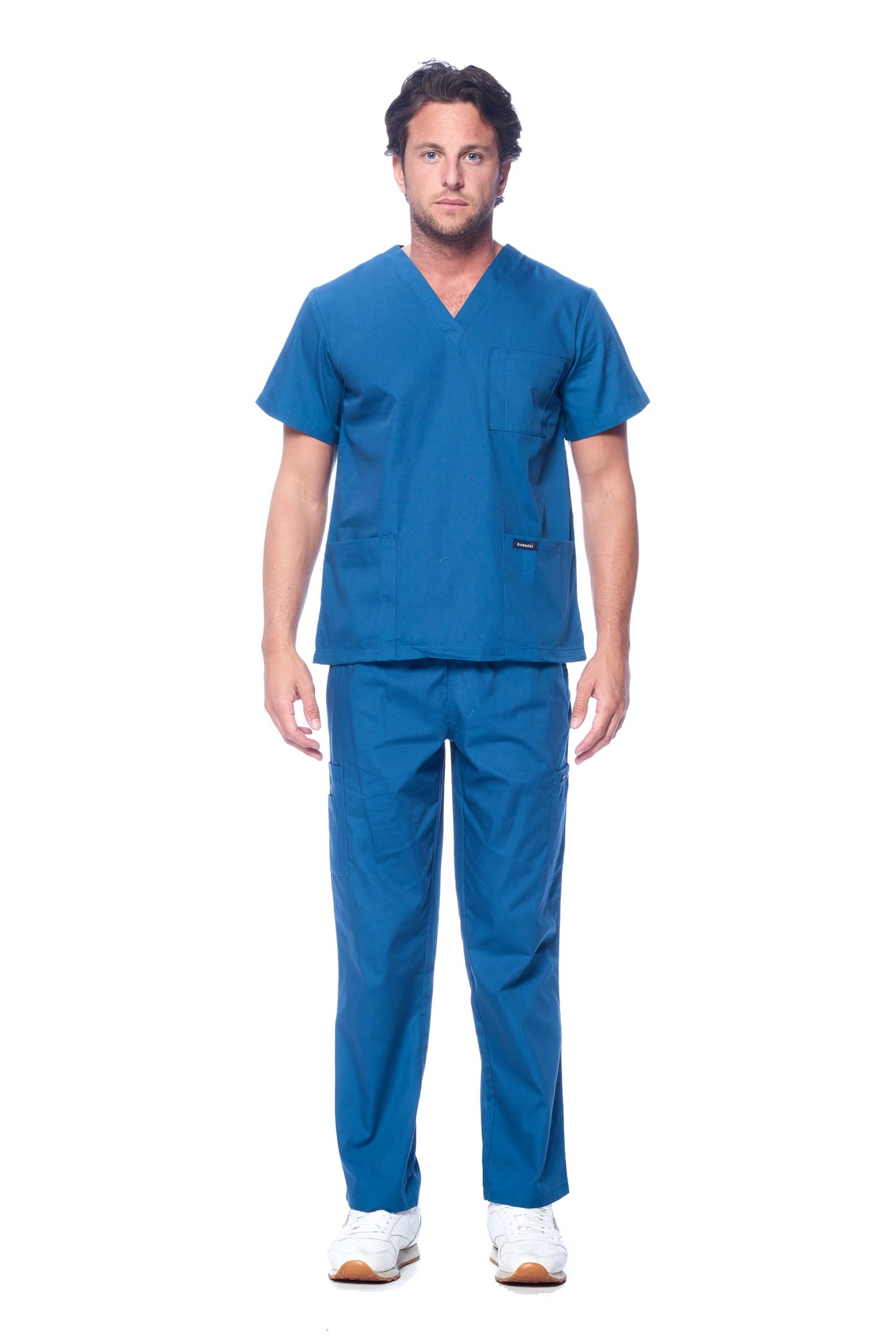 Dagacci Medical Uniform® Men's V-Neck Cargo Scrubs | Cotton Blend, Matching Top and Cargo Pants Set, 8 Pockets, Elastic Drawcord Waistband, for Men in Healthcare