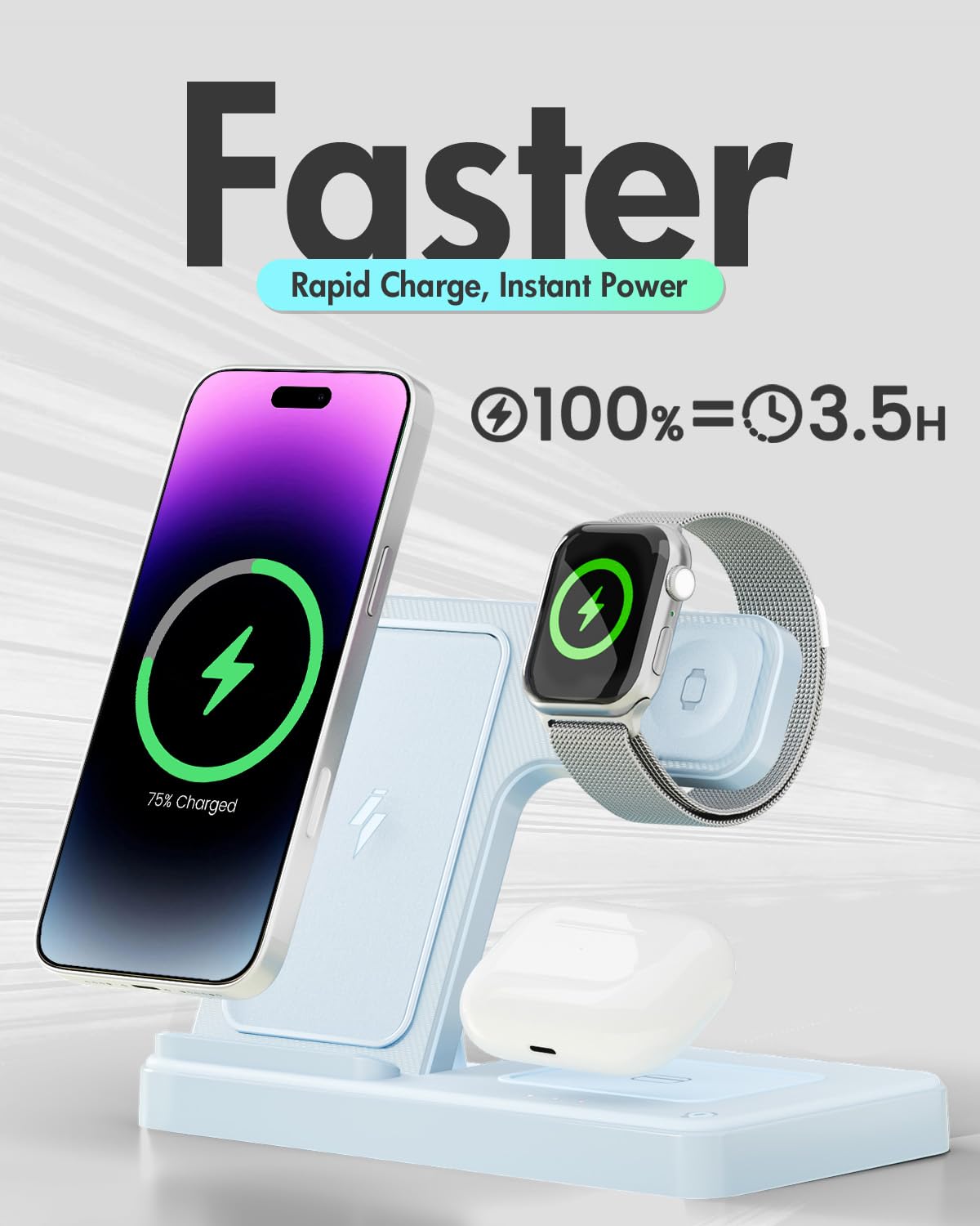 GETPALS Wireless Charger iPhone Charging Station for Apple Multiple Devices | 3 in 1 Charger Stand for iPhone 17 Pro Max 17e 16 16e 15 14 13 12 & Watch Series 11-2 SE Ultra & Airpods 4 3 Pro, Black