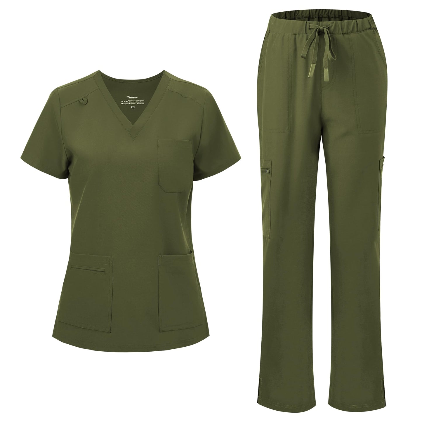 floralhue Scrubs for Women, V-Neck Straight Leg Pants with 12 Pockets | Slit Hem Cargo Pant Storage, Yoga Waistband, Water Resistance, For Nurses, Clinics, Long Shifts, Daily Medical Uniforms