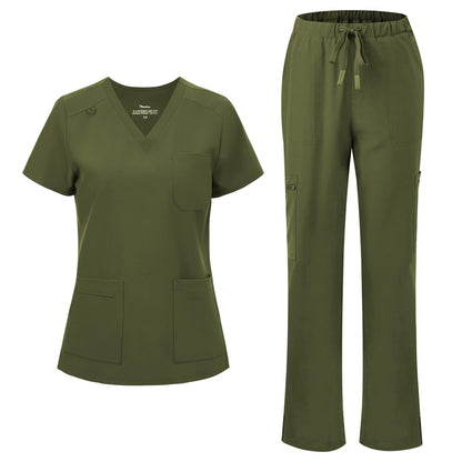 floralhue Scrubs for Women, V-Neck Straight Leg Pants with 12 Pockets | Slit Hem Cargo Pant Storage, Yoga Waistband, Water Resistance, For Nurses, Clinics, Long Shifts, Daily Medical Uniforms