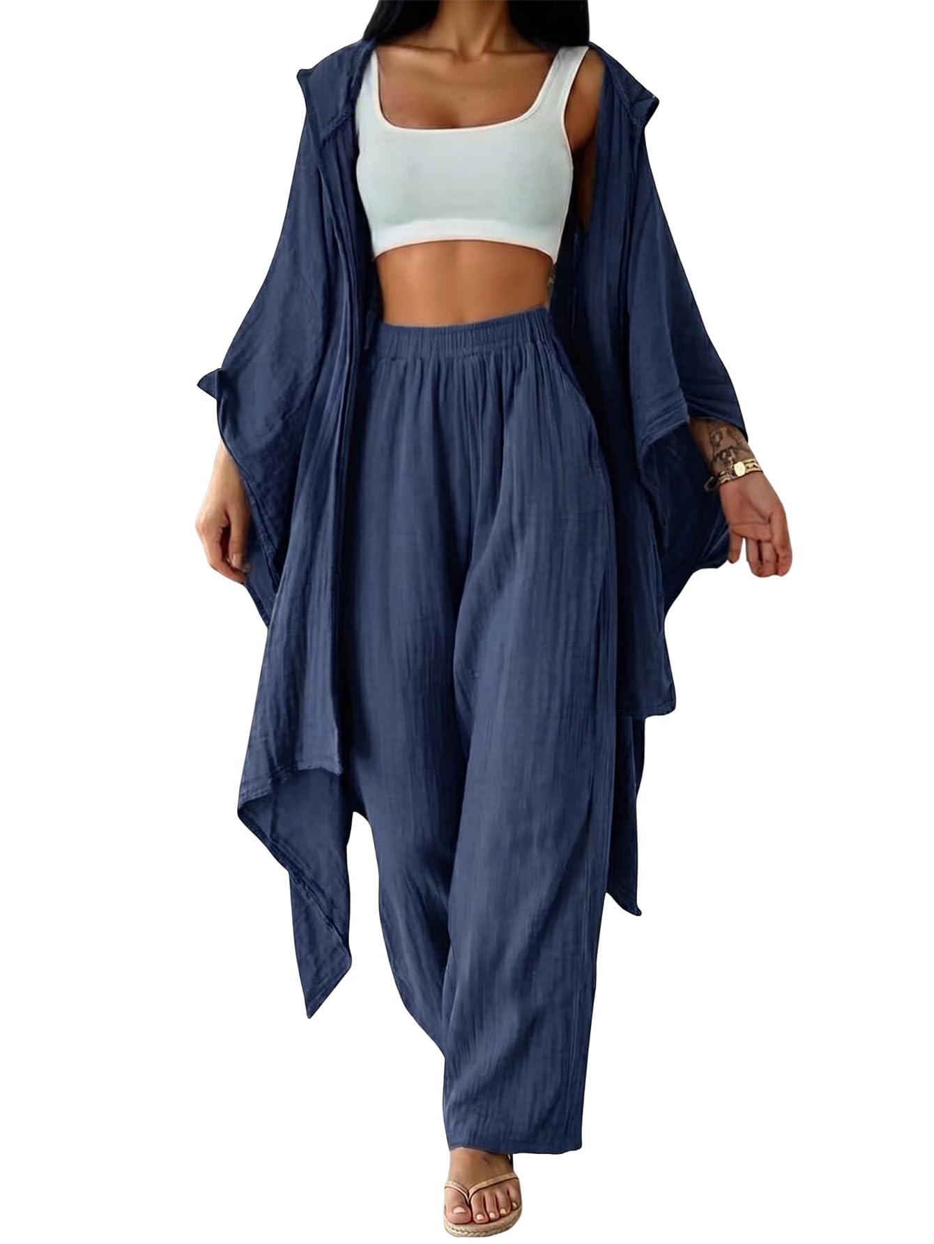SOLY HUX Women's 2 Piece Linen Sets Hooded Kimono Cardigan High Waist Pants | Boho, Wide Leg, Elastic Waisted, Casual, Flowy, 2 Piece Outfits