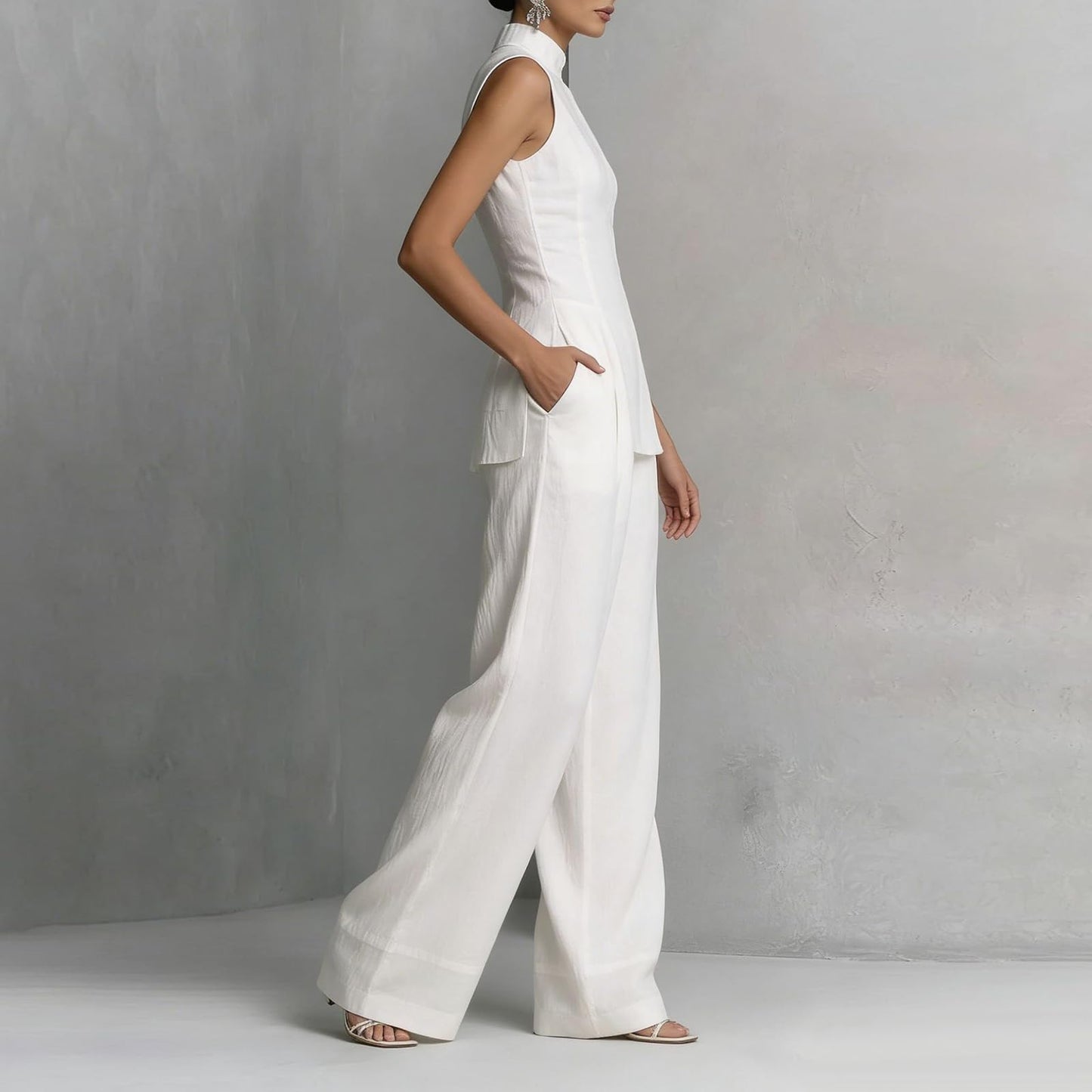Linen Lounge sets for women, Stand Collar Sleeveless Top and Baggy Wide Leg Pants, Casual Business 2 Piece Set
