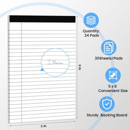 12 Pack Notepads 5x8, Small Legal Pads Narrow College Ruled, 30 Sheets/Pack, Perforated Notebook - White Note Pads for School, Memo, Note Taking, Teacher & Office Supplies, Writing Pads of Paper