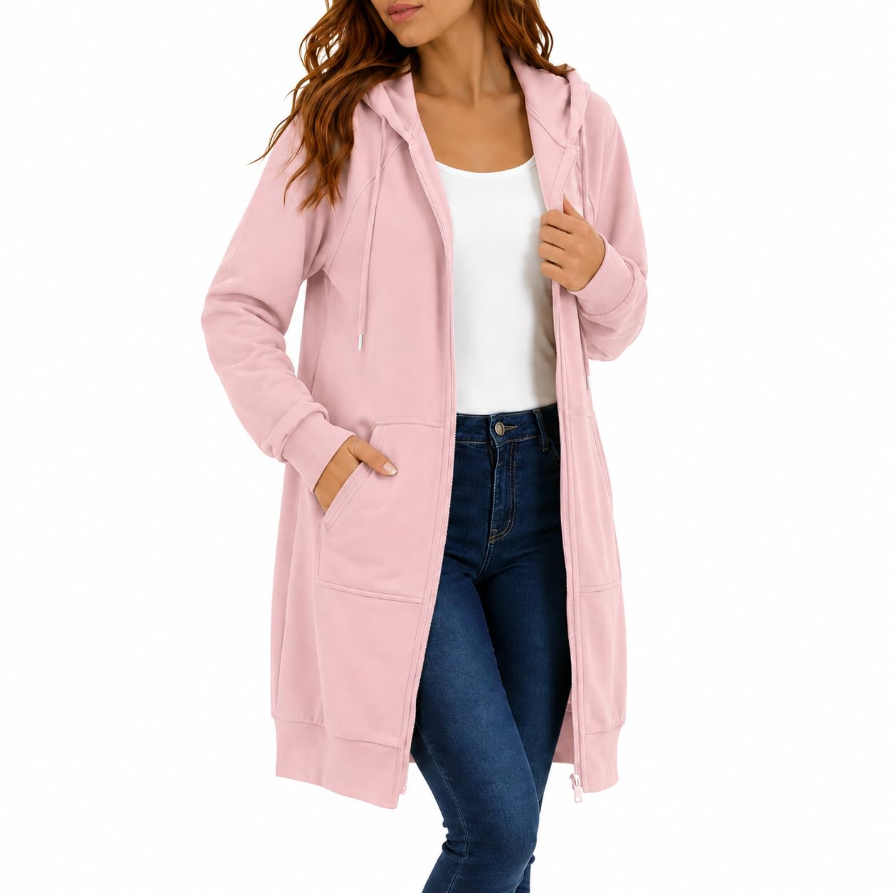 Womens Long Zip Up Hoodie Jacket Casual Open Front Tunic Sweatshirt with Pockets Fleece Lightweight Fall Winter Coat