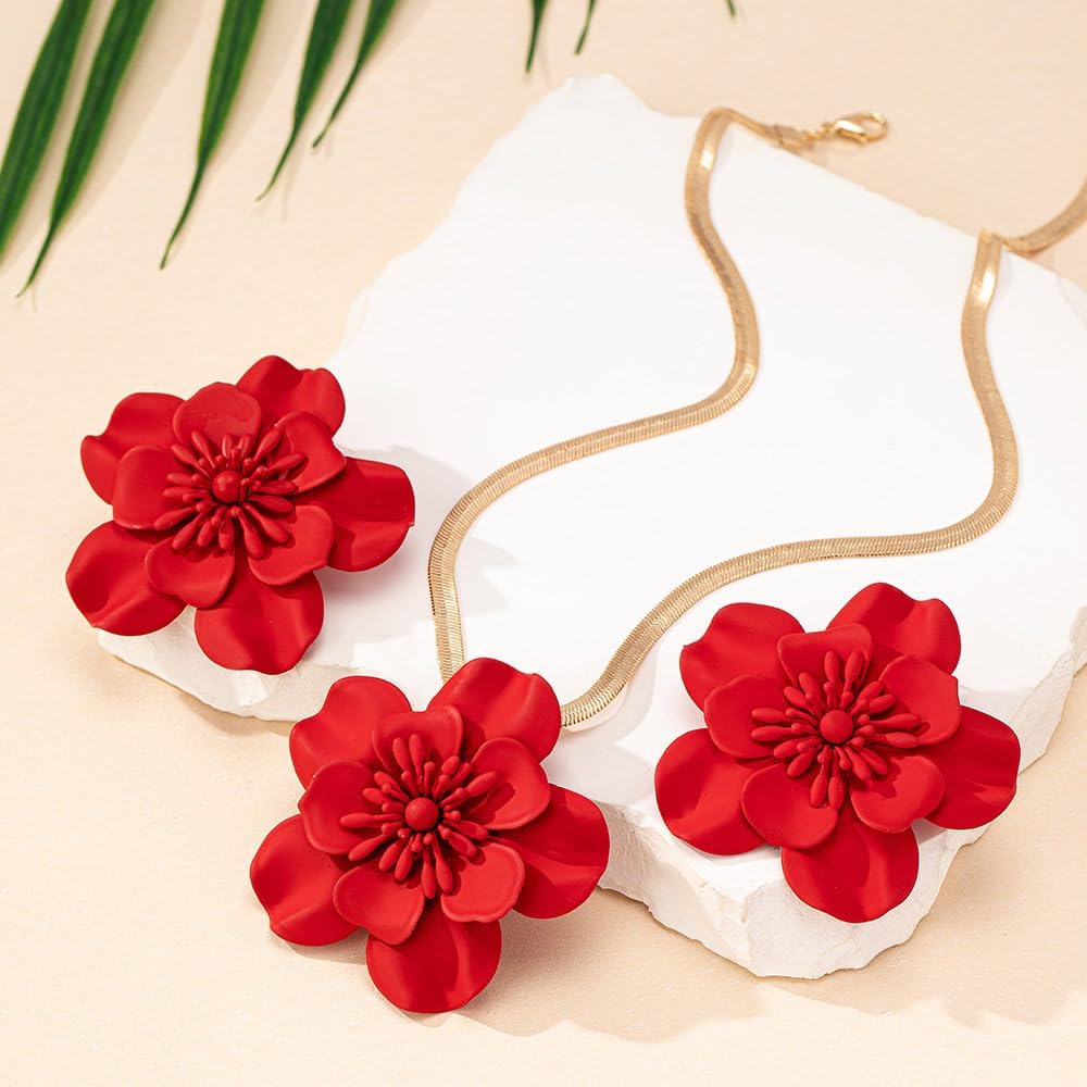 Vintage Flower Necklace Earring Set Gold Snake Chain Necklace Bohemian Red Flowers Choker Necklaces Hypoallergenic Statement Flower Stud Earrings Elegant Bridal Wedding Summer Beach Jewelry