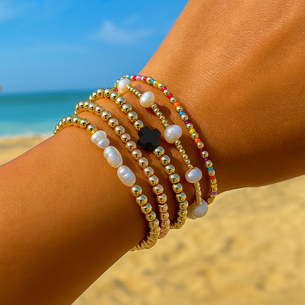 14K Gold Plated Pearl Beaded Cross Bracelets Stack Set for Women,Stretch Boho Colorful Christian Beads Ball Jewelry Friendship Summer Trendy Gift