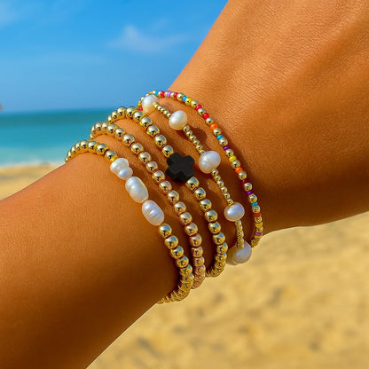 14K Gold Plated Pearl Beaded Cross Bracelets Stack Set for Women,Stretch Boho Colorful Christian Beads Ball Jewelry Friendship Summer Trendy Gift