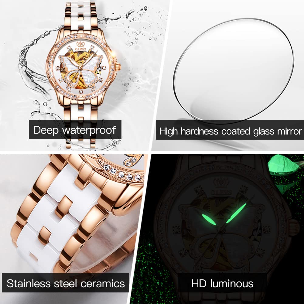 OLEVS Automatic Watches for Women Rose Gold Fashion Diamond Dress Ladies Wrist Watch Self Winding Mechanical Two Tone Ceramic Band Waterproof